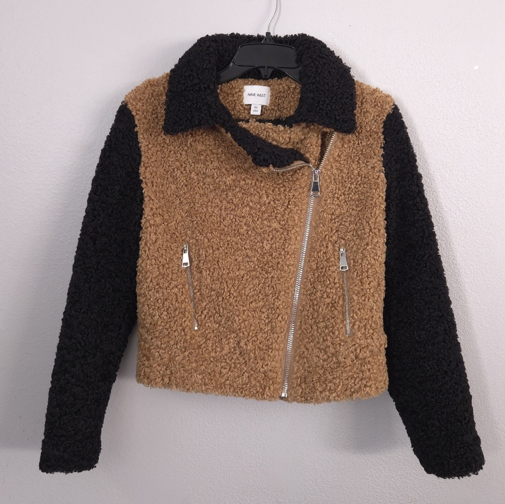 Nine West Sherpa Moto Jacket Faux Fur Chic Brown Tan Black